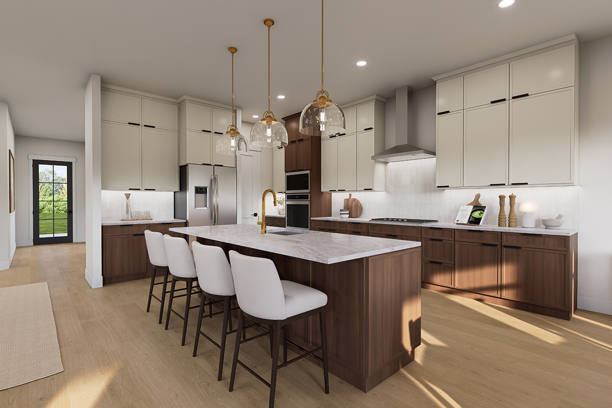 Kitchen with warm wood and light cabinets over a wood-look floor