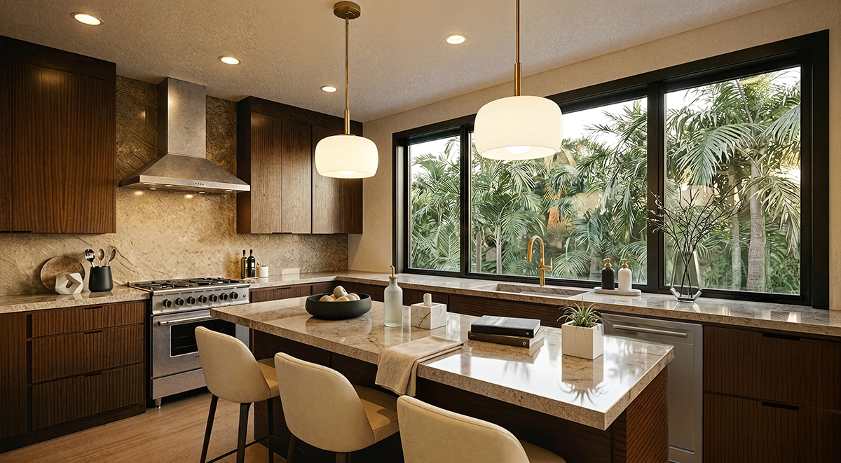 Custom kitchen with wood-look flooring and a window onto palms