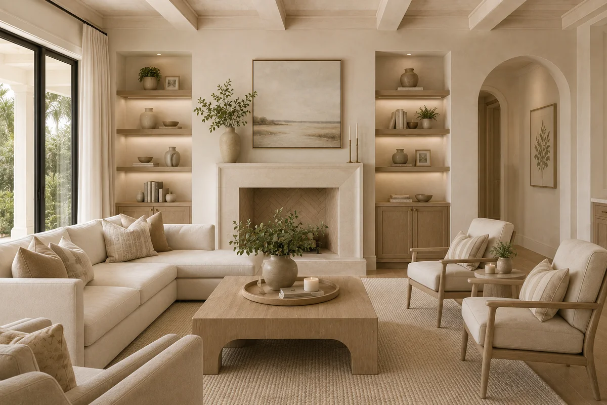Coastal living room in warm stone and oak tones