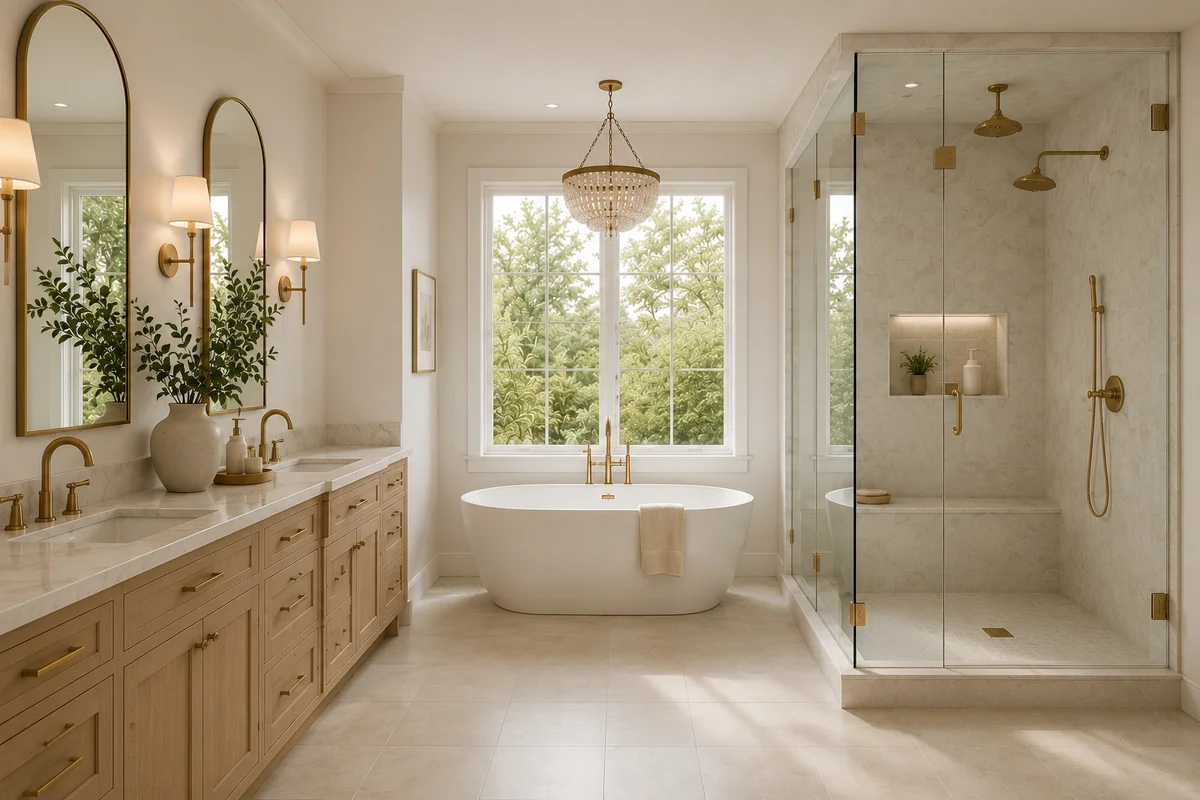 Soft neutral primary bath with stone and tile