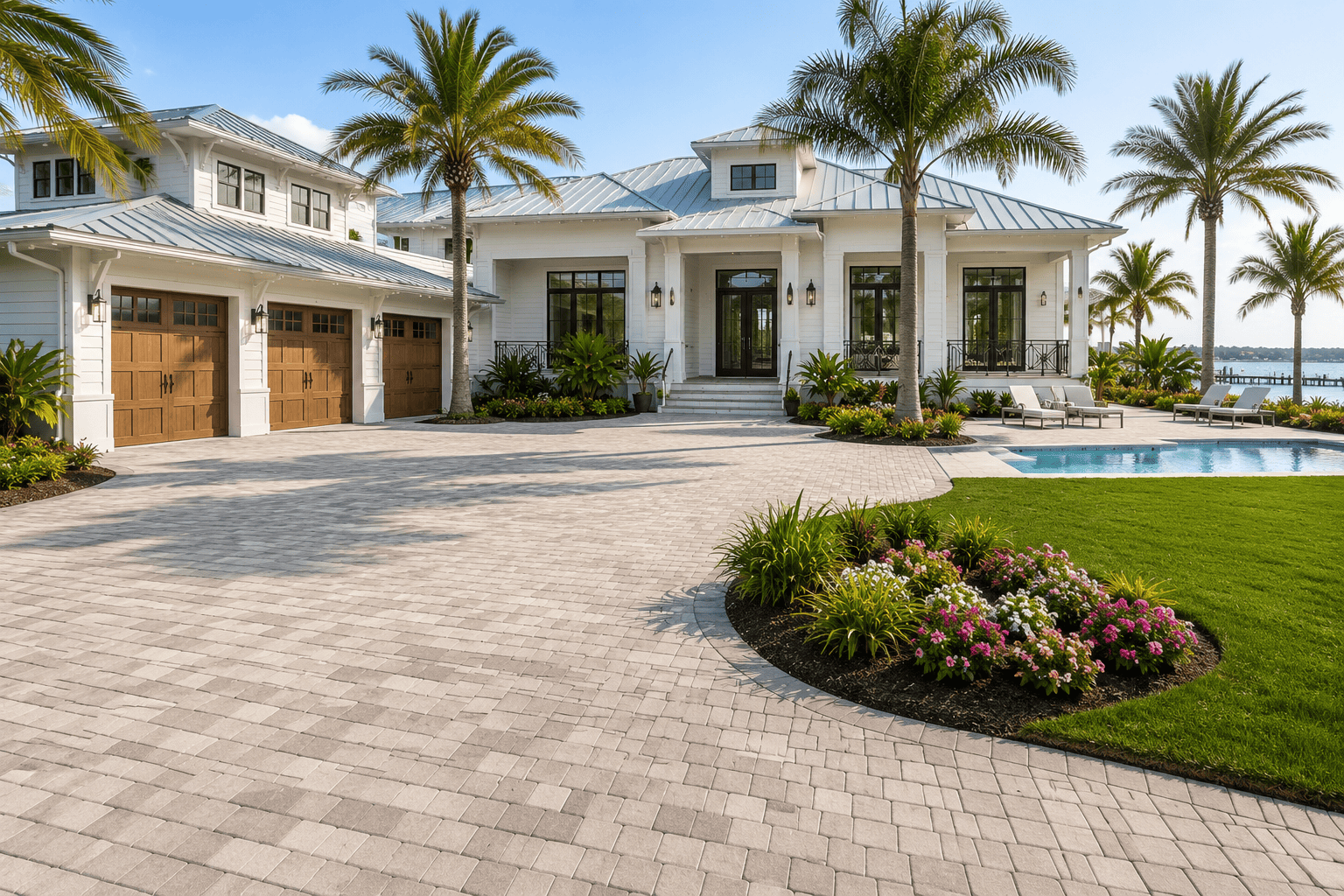 White coastal custom home exterior with a metal roof