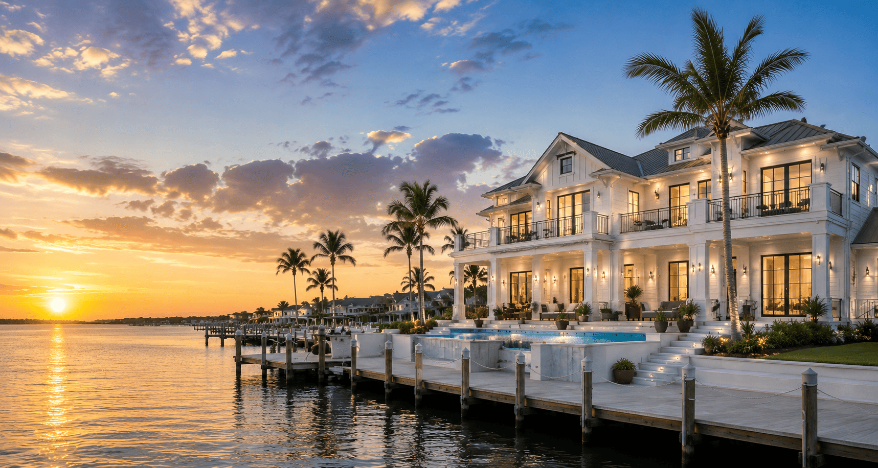 Waterfront custom home at sunset with warm exterior light
