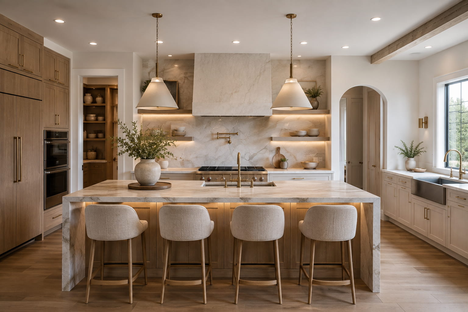 Neutral kitchen with wood cabinets, stone counters, and brass hardware