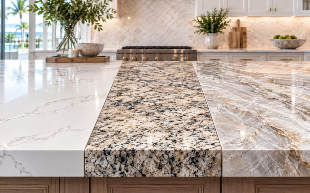 Comparison of quartz, granite, and quartzite countertops in a luxury custom home kitchen, highlighting the appearance of each countertop material.